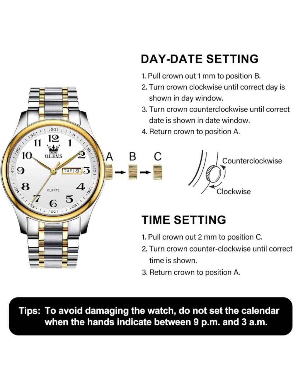 Olevs Mens Silver White Luxury Stainless Steel Gold Analog Quartz Luminous Watch - Picture 6 of 6